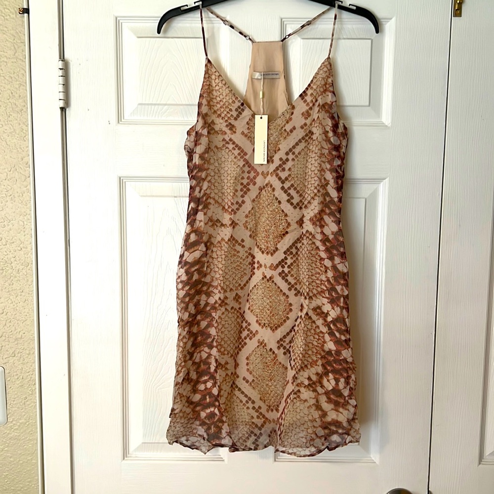 Lavender brown new with tags size small snake print100 % silk mini women’s dress